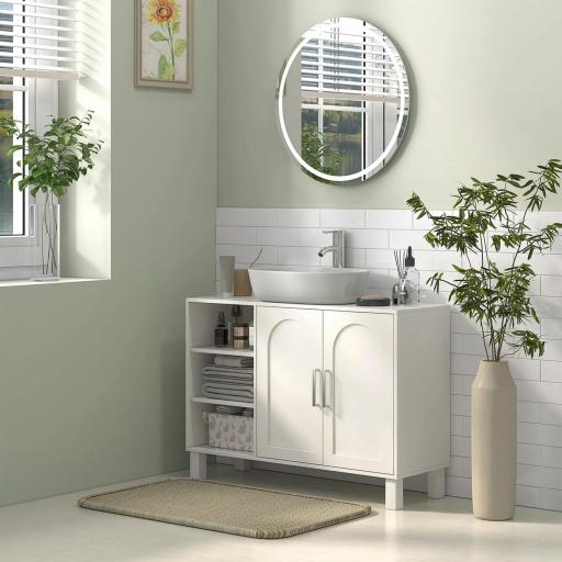Mueble bajo Lavabo Mueble de Baño Moderno con 2 Puertas y Estantes Ajustables 90x30x63 cm Crema [5]