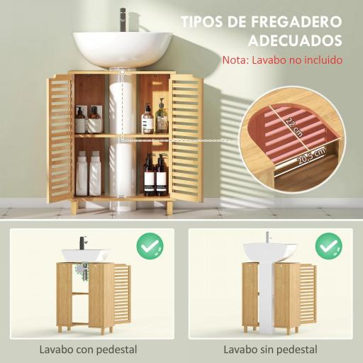 Mueble Bajo Lavabo de Bambú con 2 Puertas de Lamas Estante Ajustable para Lavabos con o sin Pedestal Natural [2]