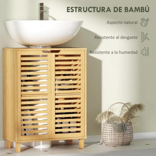 Mueble Bajo Lavabo de Bambú con 2 Puertas de Lamas Estante Ajustable para Lavabos con o sin Pedestal Natural [3]