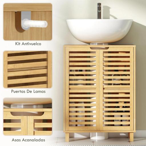 Mueble Bajo Lavabo de Bambú con 2 Puertas de Lamas Estante Ajustable para Lavabos con o sin Pedestal Natural [5]