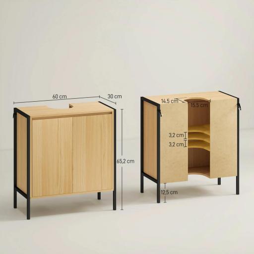 Mueble para Debajo del Lavabo Armario de Suelo para Baño de Madera con 2 Puertas y Estante 60x30x65,2 cm Roble [1]
