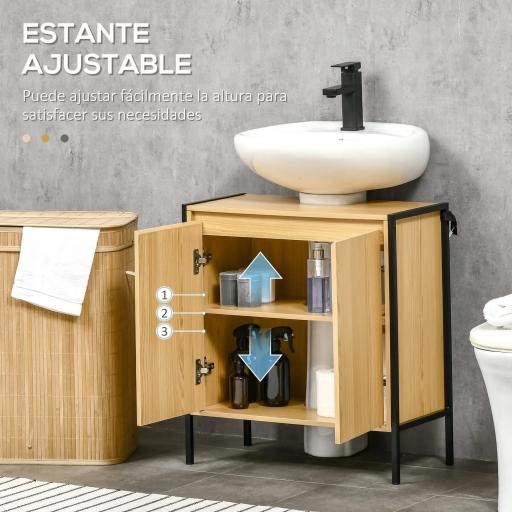 Mueble para Debajo del Lavabo Armario de Suelo para Baño de Madera con 2 Puertas y Estante 60x30x65,2 cm Roble [4]