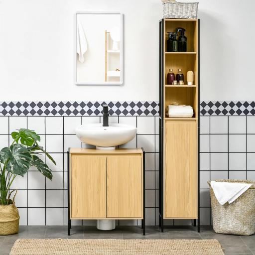 Mueble para Debajo del Lavabo Armario de Suelo para Baño de Madera con 2 Puertas y Estante 60x30x65,2 cm Roble [5]