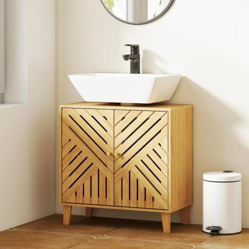 Mueble bajo Lavabo de Bambú con 2 Puertas Lamas y Estante Ajustable para Lavabo sin Pedestal 60x30x60 cm Natural