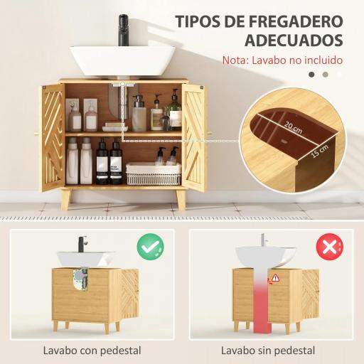 Mueble bajo Lavabo de Bambú con 2 Puertas Lamas y Estante Ajustable para Lavabo sin Pedestal 60x30x60 cm Natural [2]