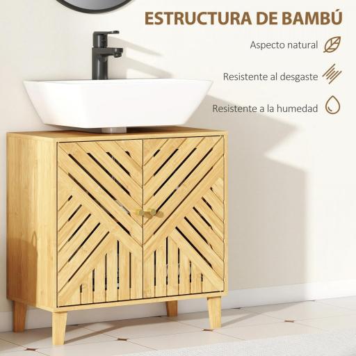 Mueble bajo Lavabo de Bambú con 2 Puertas Lamas y Estante Ajustable para Lavabo sin Pedestal 60x30x60 cm Natural [3]