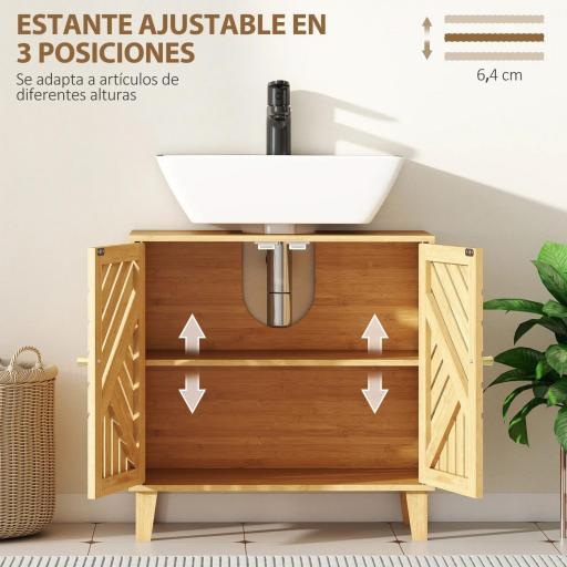 Mueble bajo Lavabo de Bambú con 2 Puertas Lamas y Estante Ajustable para Lavabo sin Pedestal 60x30x60 cm Natural [4]