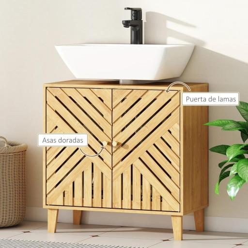 Mueble bajo Lavabo de Bambú con 2 Puertas Lamas y Estante Ajustable para Lavabo sin Pedestal 60x30x60 cm Natural [5]