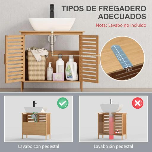 Mueble para Debajo del Lavabo de Bambú Armario de Baño de Suelo con 2 Puertas 66x29x61,5 cm Natural [3]