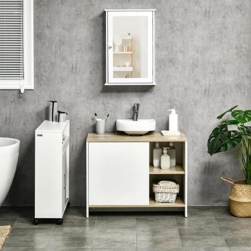 Mueble Bajo Lavabo Mueble de Lavabo Moderno Mueble de Baño con Compartimentos y Puerta 77x45x60 cm Blanco y Natural [5]