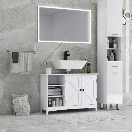 Mueble Bajo Lavabo de Pie con 2 Puertas y Estantes Ajustables Antivuelco Estilo Moderno 90x30x60 cm Blanco [0]