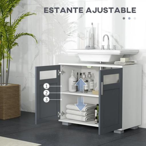 Mueble para Debajo del Lavabo Armario de Baño Bajo Lavabo con 2 Puertas de Vidrio Templado 69x35x59 cm Blanco y Gris [2]