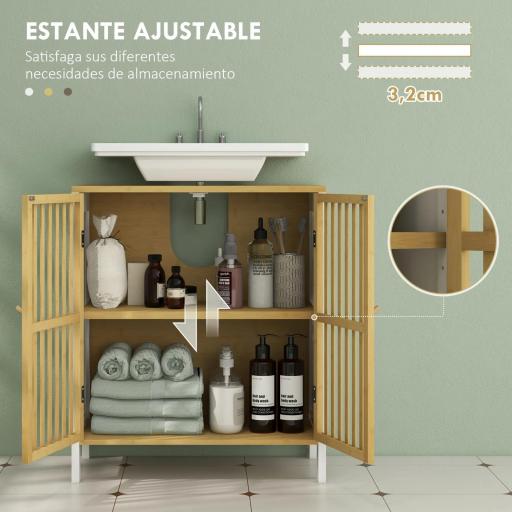 Armario de Baño Bajo Lavabo de Bambú con Puerta Doble y Estante Ajustable Carga 30 kg 60x30x70 cm Natural y Blanco [4]