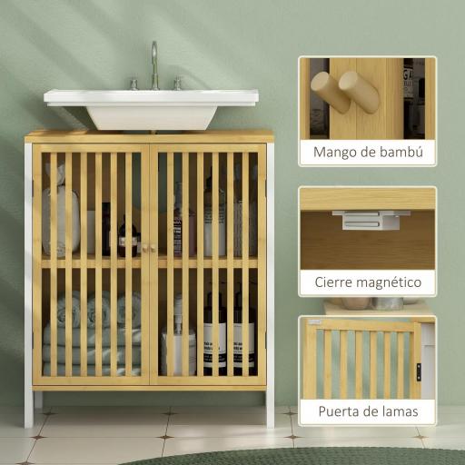 Armario de Baño Bajo Lavabo de Bambú con Puerta Doble y Estante Ajustable Carga 30 kg 60x30x70 cm Natural y Blanco [5]