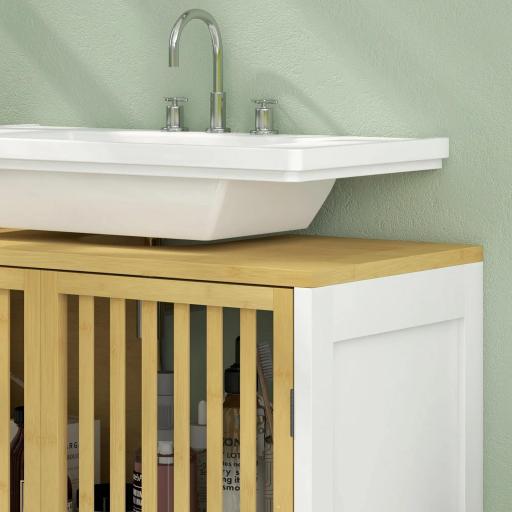 Armario de Baño Bajo Lavabo de Bambú con Puerta Doble y Estante Ajustable Carga 30 kg 60x30x70 cm Natural y Blanco [6]