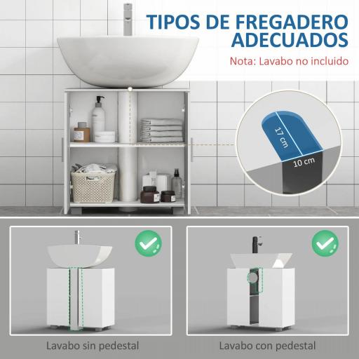 Mueble para Debajo del Lavabo Armario Baño de Suelo de Madera con 2 Puertas y Estante Ajustable Interior Moderno 60x30x60 cm Blanco [3]