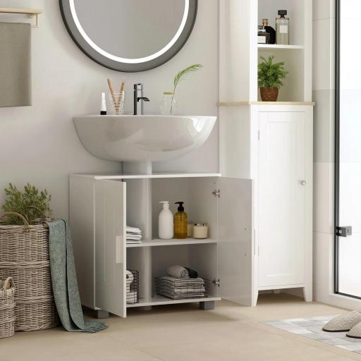 Mueble para Debajo del Lavabo Armario Baño de Suelo de Madera con 2 Puertas y Estante Ajustable Interior Moderno 60x30x60 cm Blanco [6]