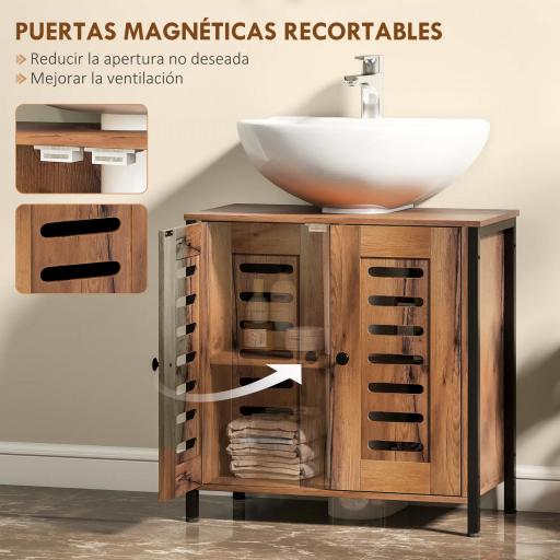 Mueble Bajo Lavabo Industrial 2 Puertas de Lamas con Cierre Magnético Estante Ajustable 60x30x60 cm Marrón Rústico [4]
