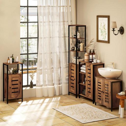 Mueble Bajo Lavabo Industrial 2 Puertas de Lamas con Cierre Magnético Estante Ajustable 60x30x60 cm Marrón Rústico [6]