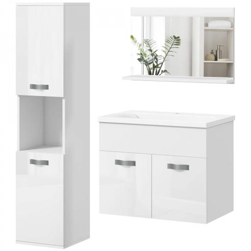 Conjunto de Muebles de Baño de Pared 3 Piezas Incluye Espejo Armario con Lavabo Cerámico y Columna de Baño Blanco [9]