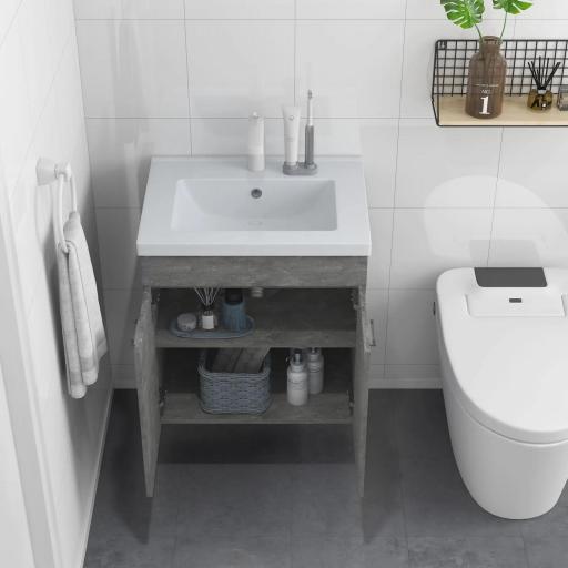 Mueble de Baño con Lavabo Cerámico Armario Bajo de Lavabo de Pared con 2 Puertas Estante Ajustable 60x45,5x60 cm Gris [5]
