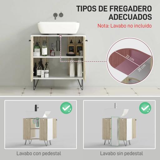 Mueble para Debajo del Lavabo Armario Bajo con 2 Puertas Estante y Patas de Acero 60x30x60 cm Roble y Blanco [3]