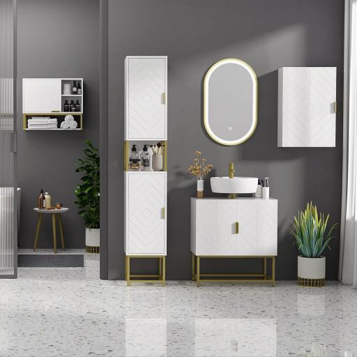 Mueble para Debajo del Lavabo Moderno Armario Bajo con 2 Puertas y Patas de Acero 60x30x65 cm Blanco y Dorado [1]