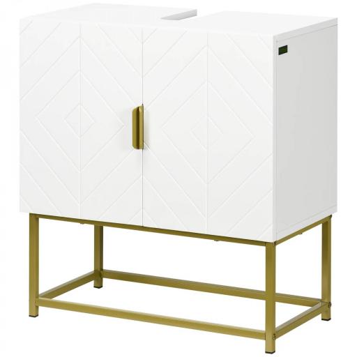 Mueble para Debajo del Lavabo Moderno Armario Bajo con 2 Puertas y Patas de Acero 60x30x65 cm Blanco y Dorado [8]