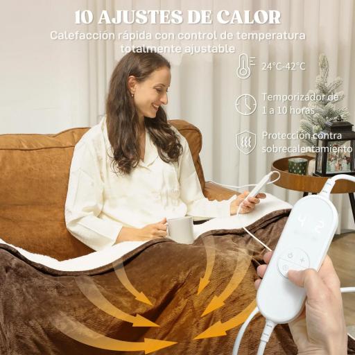 Manta Eléctrica 180x130 cm 10 Niveles de Temperatura Temporizador Lavar a Máquina, Pantalla LED Marrón [3]