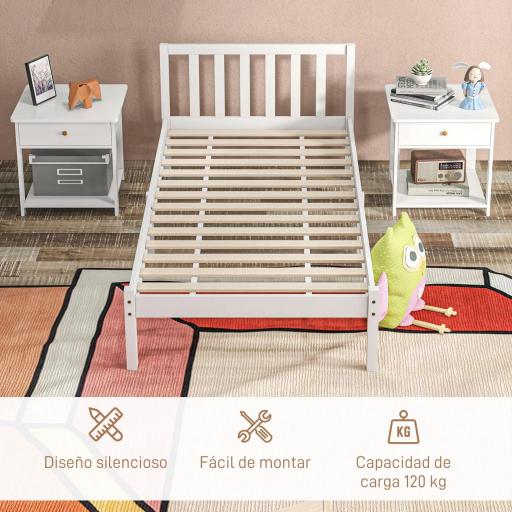 Cama de Madera Somier con Cabecera para Colchón de 90x190 cm (no incluido) Carga 120 kg 198x96x70 cm Blanco [5]