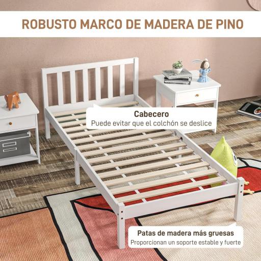Cama de Madera Somier con Cabecera para Colchón de 90x190 cm (no incluido) Carga 120 kg 198x96x70 cm Blanco [6]