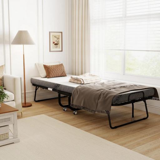 Cama Plegable 200x80 cm con 4 Ruedas, Cama de Camping Portátil, con Colchón Individual de 10 cm, Marco de Acero, Carga 150 kg, para Dormitorio, Salón, Oficina, Blanco