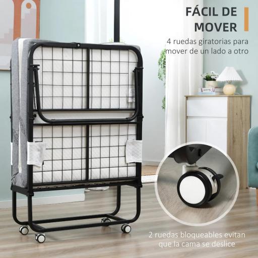 Cama Plegable 200x80 cm con 4 Ruedas, Cama de Camping Portátil, con Colchón Individual de 10 cm, Marco de Acero, Carga 150 kg, para Dormitorio, Salón, Oficina, Blanco [5]