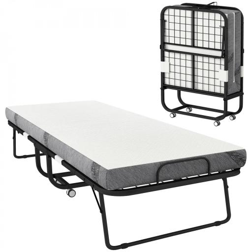 Cama Plegable 200x80 cm con 4 Ruedas, Cama de Camping Portátil, con Colchón Individual de 10 cm, Marco de Acero, Carga 150 kg, para Dormitorio, Salón, Oficina, Blanco [9]