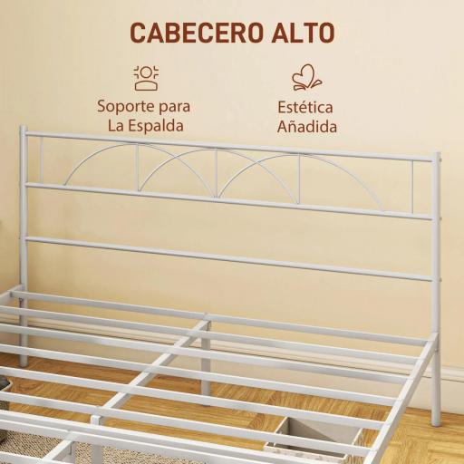 Cama Doble 150x200 cm con Cabecera Listones de Acero y Espacio de Almacenamiento Debajo de la Cama Carga 330 kg Blanco [1]