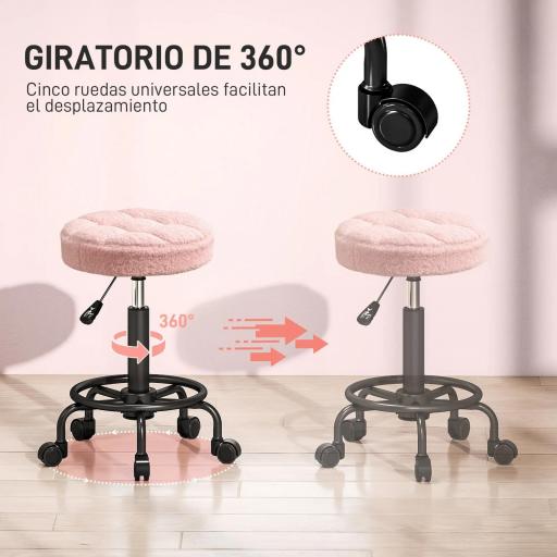 Taburete Giratorio Redondo Taburete con Ruedas Altura Regulable 50-66 cm Asiento Tapizado en Tejido de Borreguito Rosa [4]