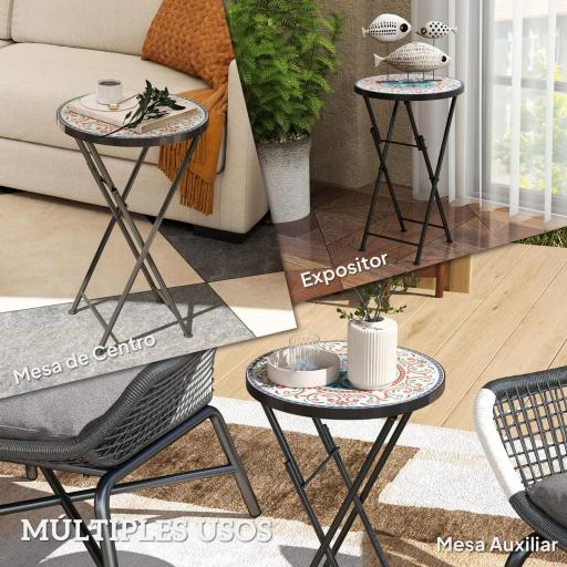 Mesa Auxiliar Redonda de Jardín Plegable con Encimera de Mosaico y Almohadillas Antideslizantes Ø35,5x55 cm Multicolor [4]