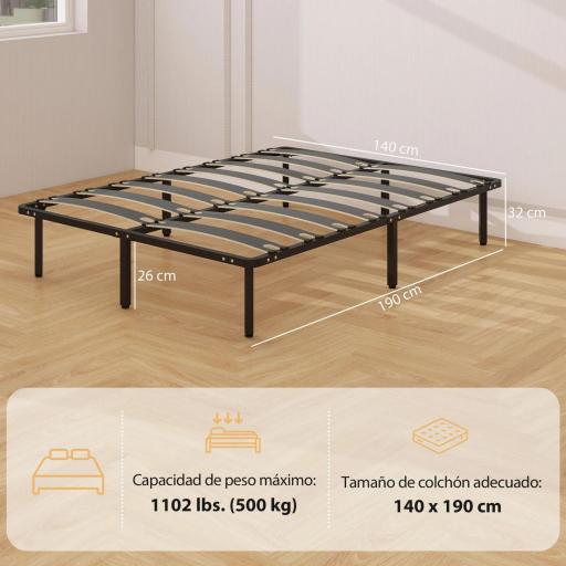 Estructura de Cama 140x190 cm con Marco de Acero Láminas de Álamo y Espacio de Almacenamiento Carga 500 kg Negro [2]