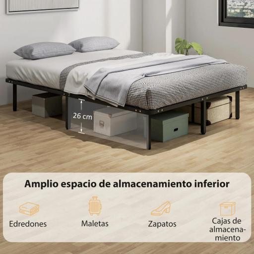 Estructura de Cama 140x190 cm con Marco de Acero Láminas de Álamo y Espacio de Almacenamiento Carga 500 kg Negro [1]