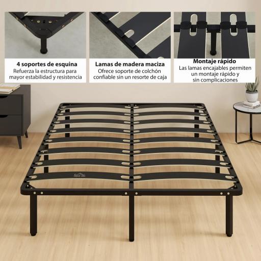 Estructura de Cama 140x190 cm con Marco de Acero Láminas de Álamo y Espacio de Almacenamiento Carga 500 kg Negro [6]