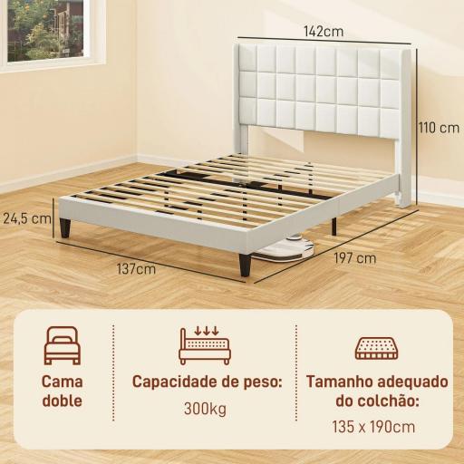 Estructura de Cama 135x190 cm con Cabecera y Espacio de Almacenamiento Debajo de la Cama Carga 300 kg Beige [1]