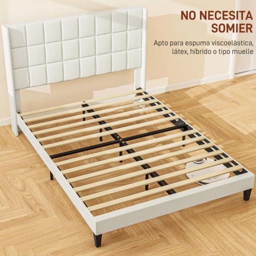 Estructura de Cama 135x190 cm con Cabecera y Espacio de Almacenamiento Debajo de la Cama Carga 300 kg Beige [5]