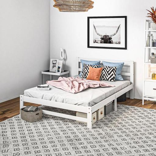 Marco de Cama de Madera 195x141 cm Estructura de Cama Doble para Colchón de 135x190 cm (no incluido) Carga 300 kg Blanco [3]