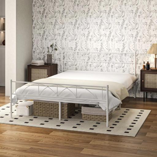 Cama Doble 135x190 cm con Cabecera Listones de Acero y Espacio de Almacenamiento Debajo de la Cama Carga 330 kg Blanco
