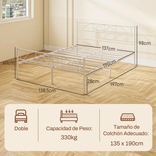 Cama Doble 135x190 cm con Cabecera Listones de Acero y Espacio de Almacenamiento Debajo de la Cama Carga 330 kg Blanco [2]