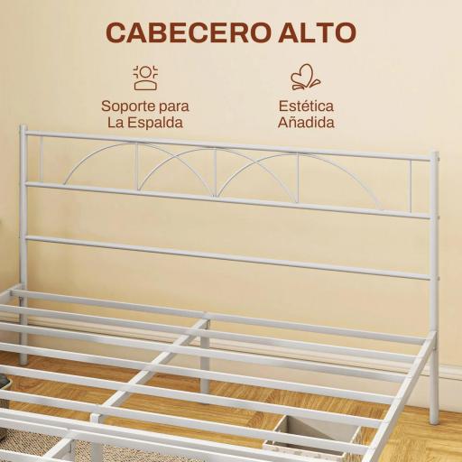 Cama Doble 135x190 cm con Cabecera Listones de Acero y Espacio de Almacenamiento Debajo de la Cama Carga 330 kg Blanco [5]