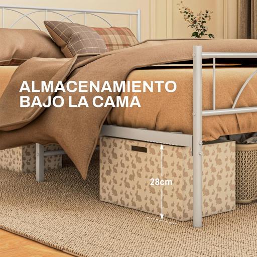 Cama Doble 135x190 cm con Cabecera Listones de Acero y Espacio de Almacenamiento Debajo de la Cama Carga 330 kg Blanco [3]