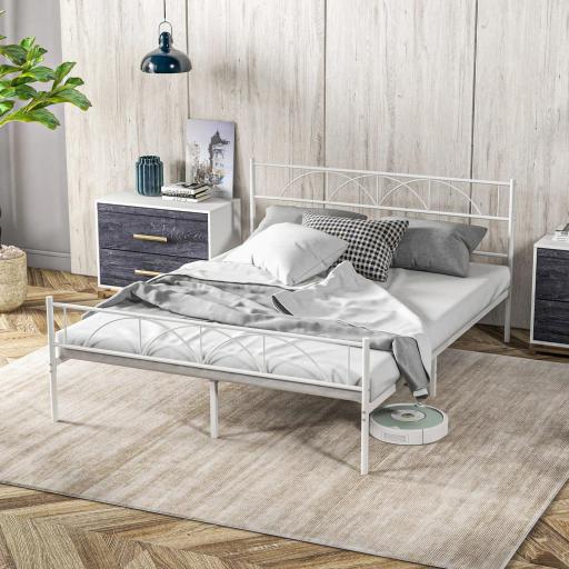Cama Doble 135x190 cm con Cabecera Listones de Acero y Espacio de Almacenamiento Debajo de la Cama Carga 330 kg Blanco [8]