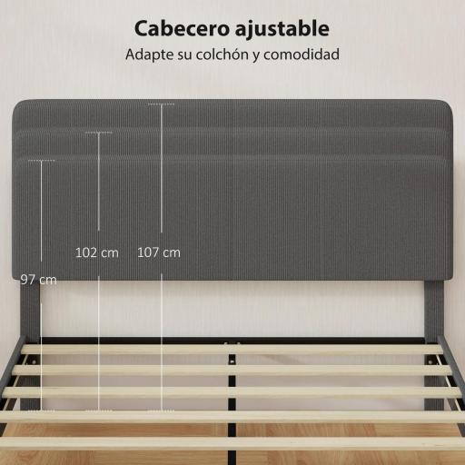 Somier 160x200 cm con Cabecero Ajustable Tapizado en Pana Láminas de Madera Fácil de Montar Gris Oscuro [4]
