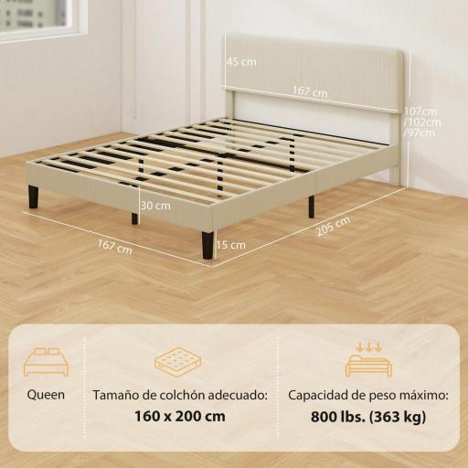 Somier 160x200 cm con Cabecero Ajustable Tapizado en Pana Láminas de Madera Fácil de Montar Gris Claro [1]
